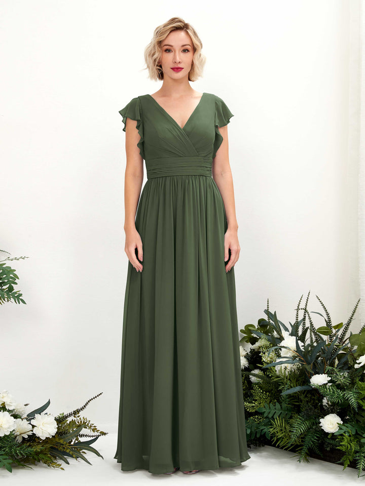 Martini Olive Bridesmaid Dresses Bridesmaid Dress A-line Chiffon V-neck Full Length Short Sleeves Wedding Party Dress (81222707)