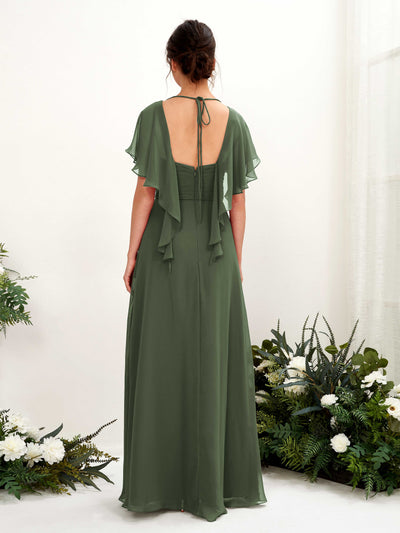 Carlyna Darlene A-Line Martini Olive Bridesmaid Dress Maxi Short Sleeve V-Neck Dress Back View #color_martini-olive