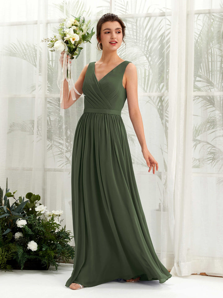 Martini Olive Bridesmaid Dresses Bridesmaid Dress A-line Chiffon V-neck Full Length Sleeveless Wedding Party Dress (81223607)