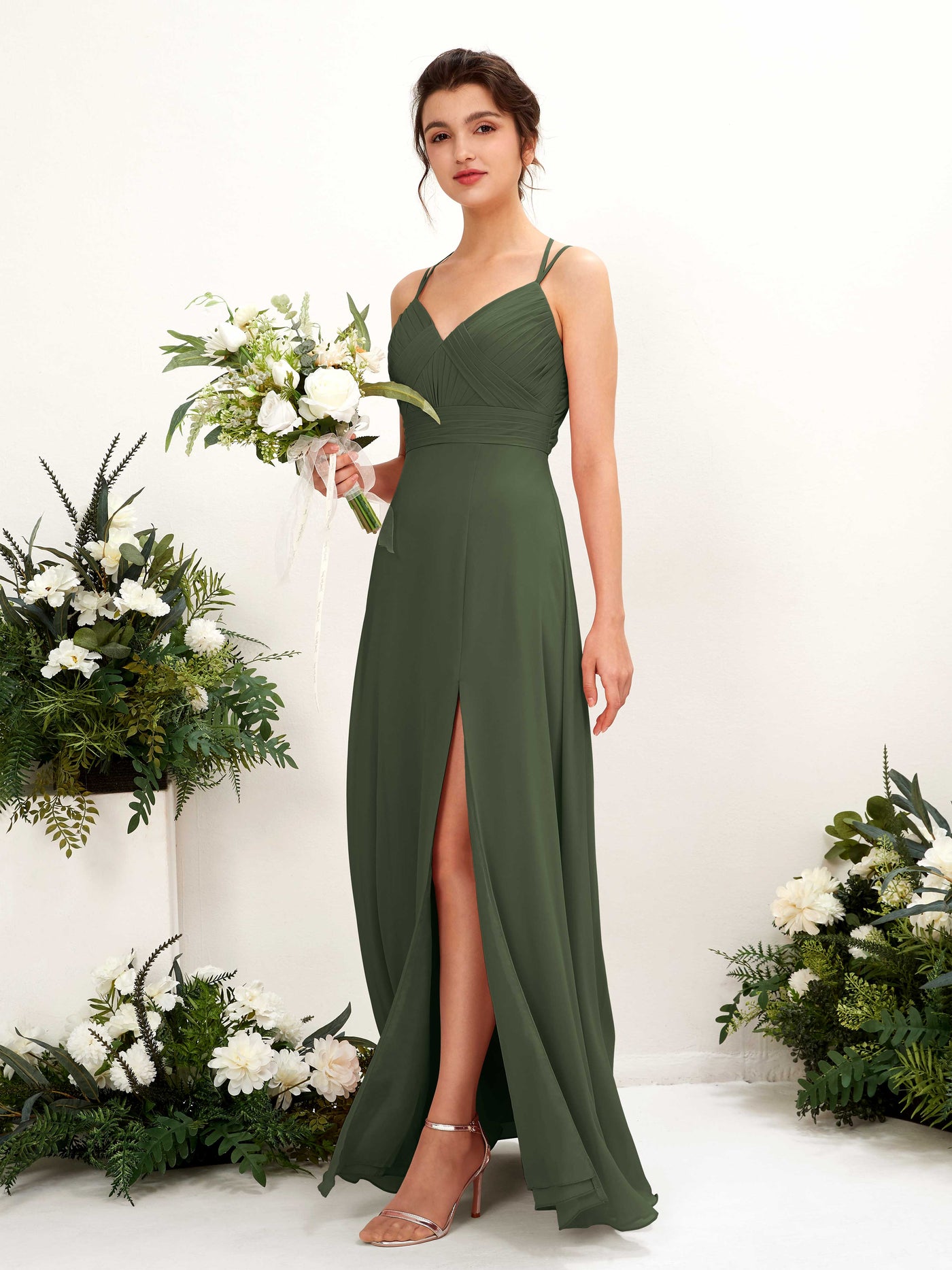 Martini Olive Bridesmaid Dresses Bridesmaid Dress A-line Chiffon Spaghetti-straps Full Length Sleeveless Wedding Party Dress (81225407)#color_martini-olive