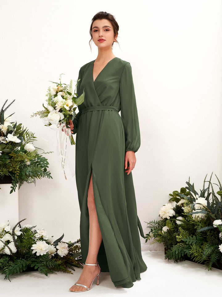 Martini Olive Bridesmaid Dresses Bridesmaid Dress A-line Chiffon V-neck Full Length Long Sleeves Wedding Party Dress (81223207)