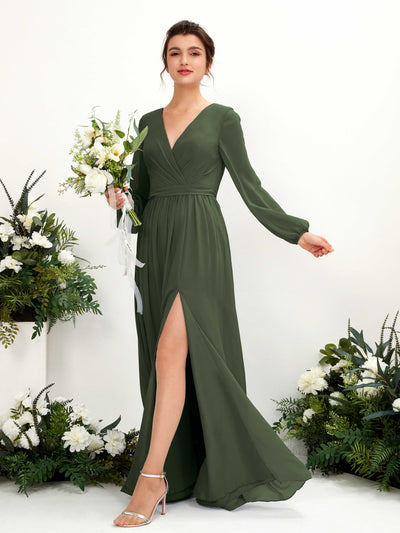 Martini Olive Bridesmaid Dresses Bridesmaid Dress A-line Chiffon V-neck Full Length Long Sleeves Wedding Party Dress (81223807)#color_martini-olive