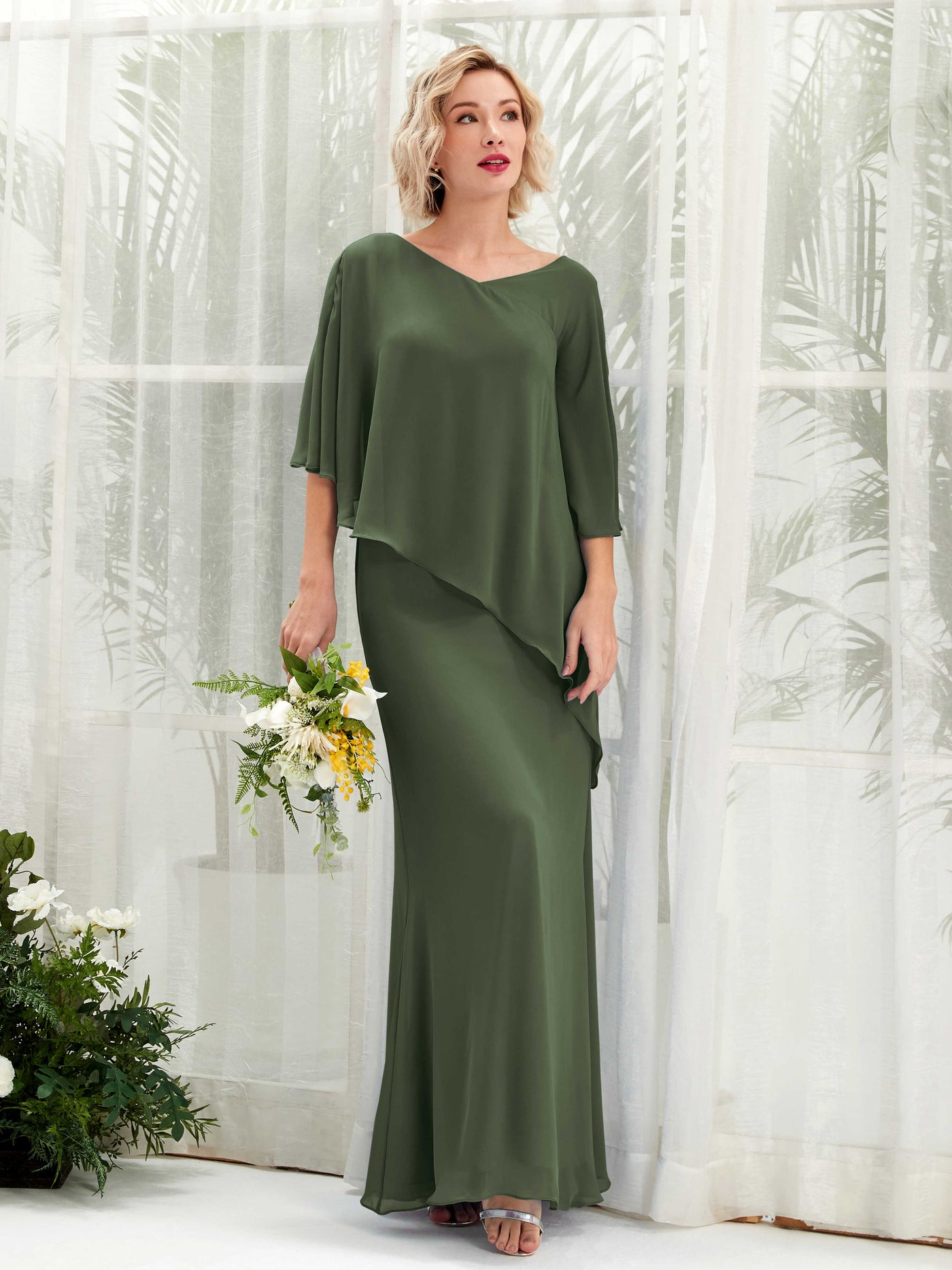 Martini Olive Bridesmaid Dresses Bridesmaid Dress Bohemian Chiffon V-neck Full Length 3/4 Sleeves Wedding Party Dress (81222507)#color_martini-olive