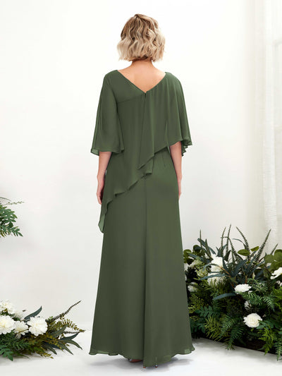 Carlyna Violaine A-Line Martini Olive Bridesmaid Dress Maxi Three Quarter Sleeve V-Neck Dress Back View #color_martini-olive