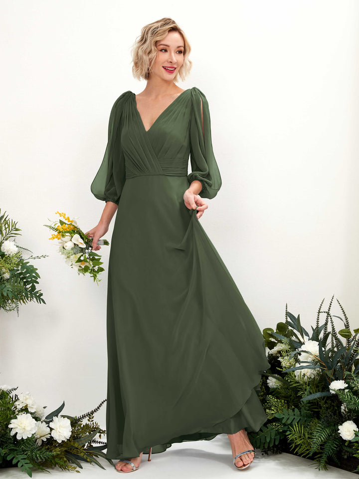 Martini Olive Bridesmaid Dresses Bridesmaid Dress Chiffon V-neck Full Length Long Sleeves Wedding Party Dress (81223507)