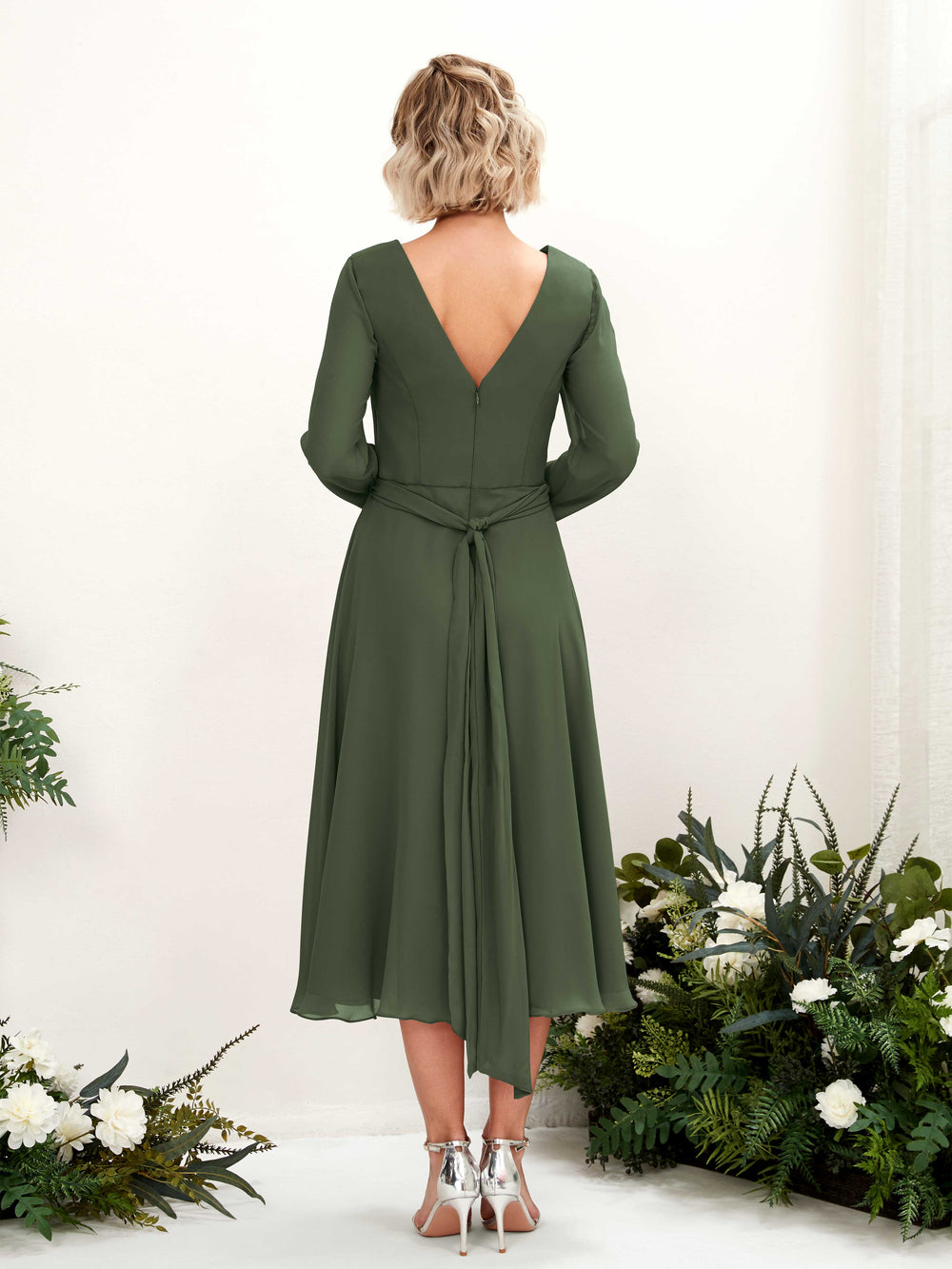 olive green bridesmaid dresses with sleeves Olive Green Silk Dress with Long Sleeves