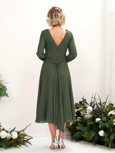Carlyna Joanna A-Line Martini Olive Bridesmaid Dress Midi Long Sleeve V-Neck Back View #color_martini-olive