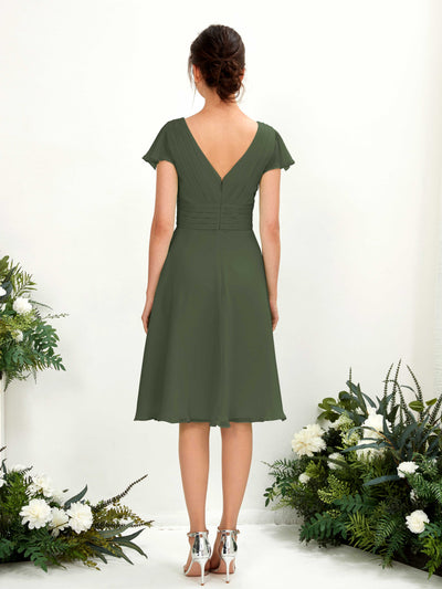 Carlyna Betty A-Line Martini Olive Bridesmaid Dress Knee-Length Short Sleeve V-Neck Dress Back View #color_martini-olive