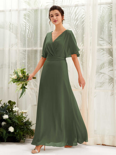 Martini Olive Bridesmaid Dresses Bridesmaid Dress A-line Chiffon V-neck Full Length Short Sleeves Wedding Party Dress (81222407)#color_martini-olive