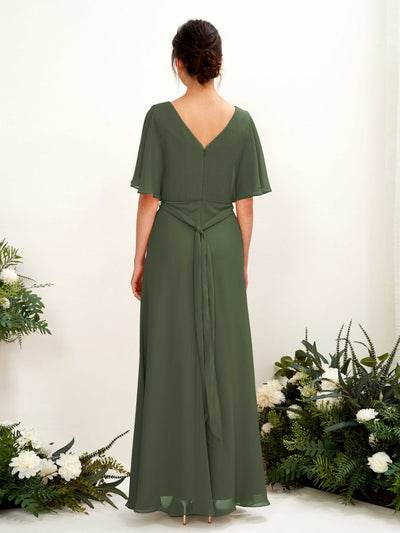 Carlyna Merta A-Line Martini Olive Bridesmaid Dress Maxi Short Sleeve V-Neck Dress Back View #color_martini-olive