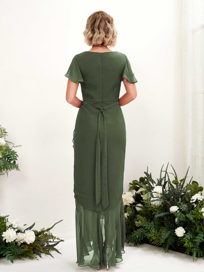 Carlyna Eartha Mermaid Martini Olive Bridesmaid Dress Maxi Cap Sleeve V-Neck Dress Back View #color_martini-olive