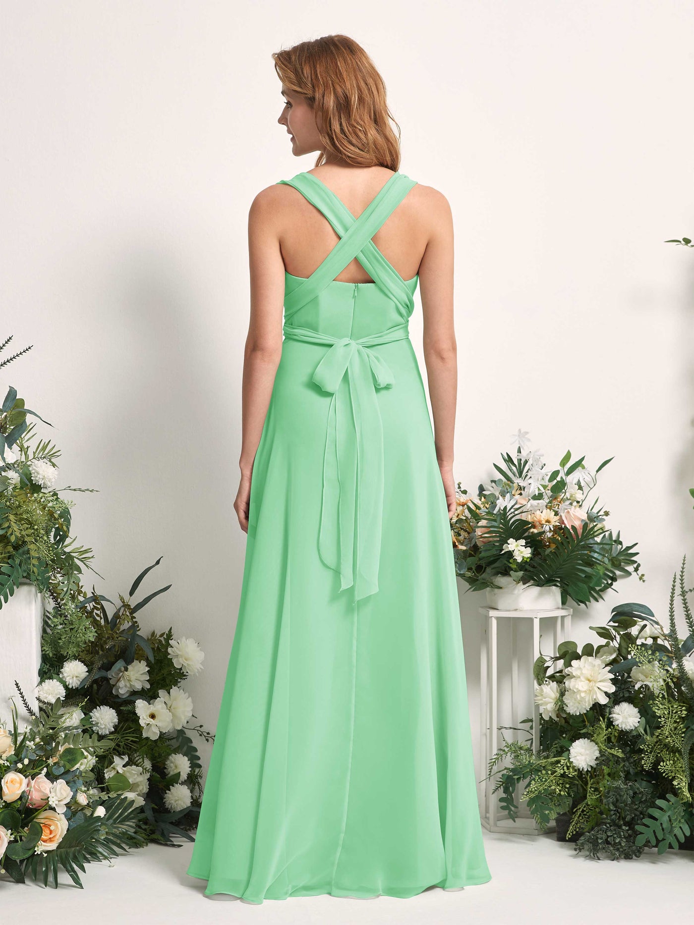 mint green convertible bridesmaid dress Mint Pleated Chiffon V-neck Floor Length Modest Bridesmaid Prom Dress