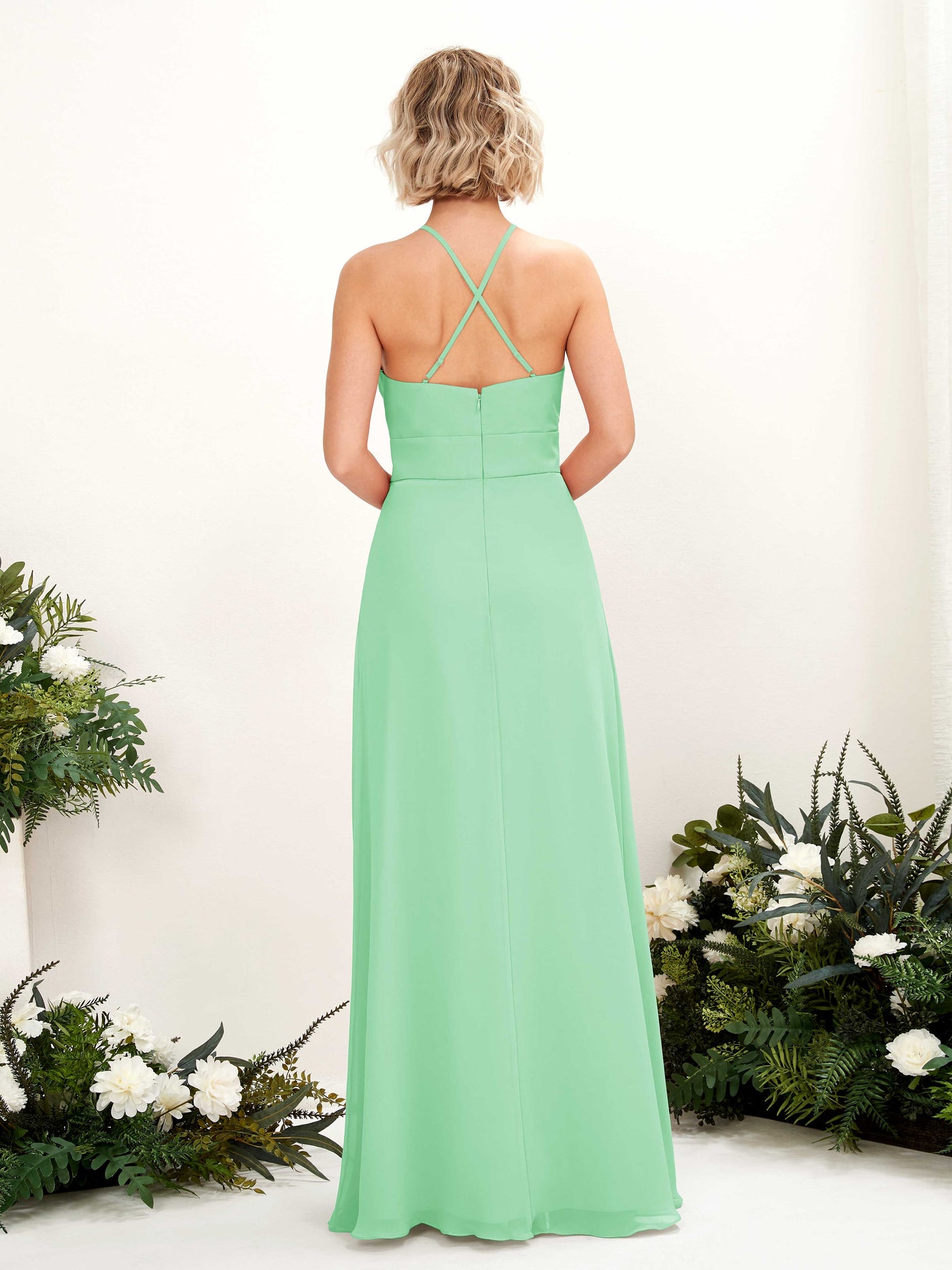Mint Green Bridesmaid Dresses Bridesmaid Dress A-line Chiffon Halter Full Length Sleeveless Wedding Party Dress (81225222)#color_mint-green