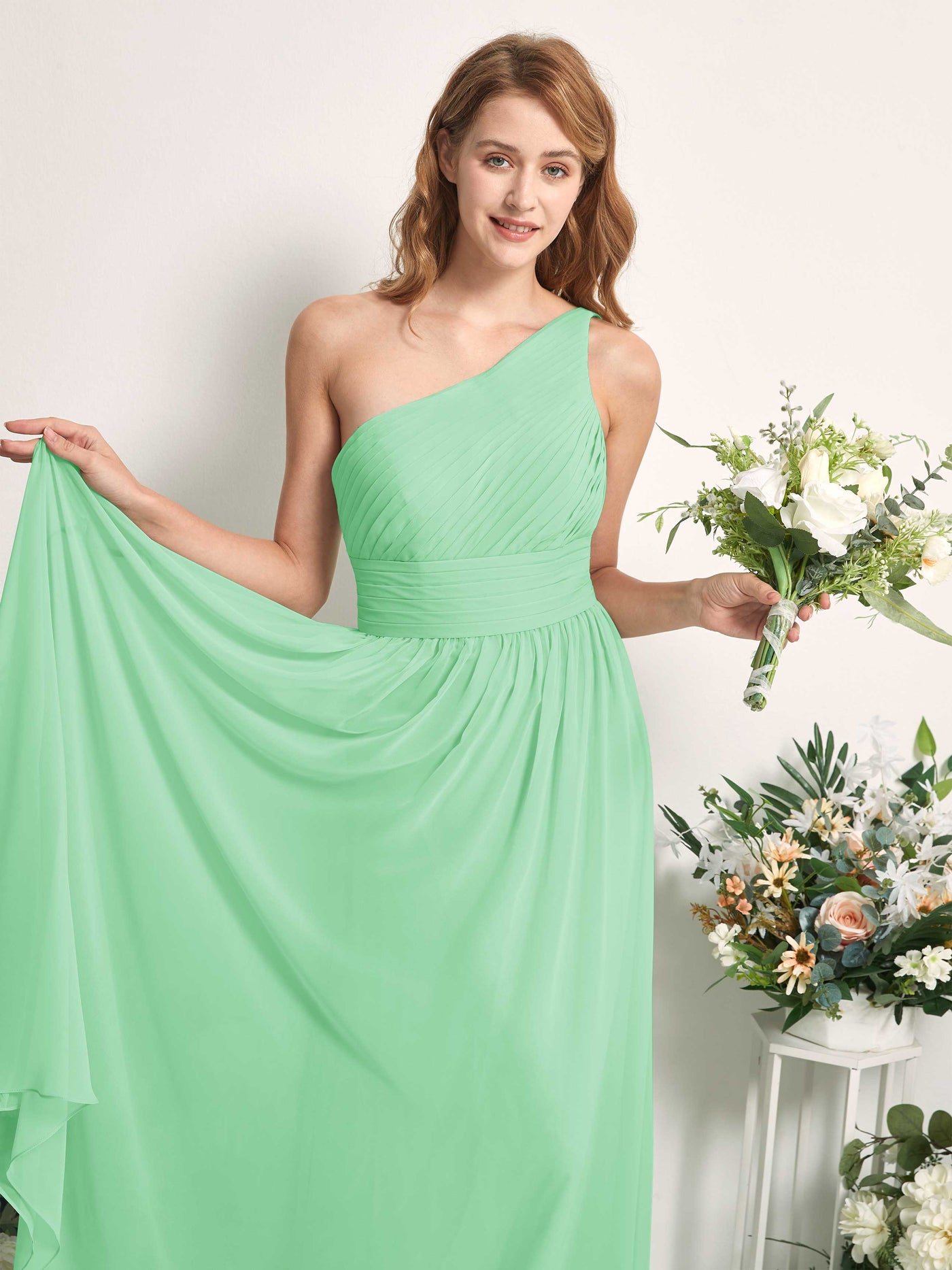 Bridesmaid Dress A-line Chiffon One Shoulder Full Length Sleeveless Wedding Party Dress - Mint Green (81226722)#color_mint-green