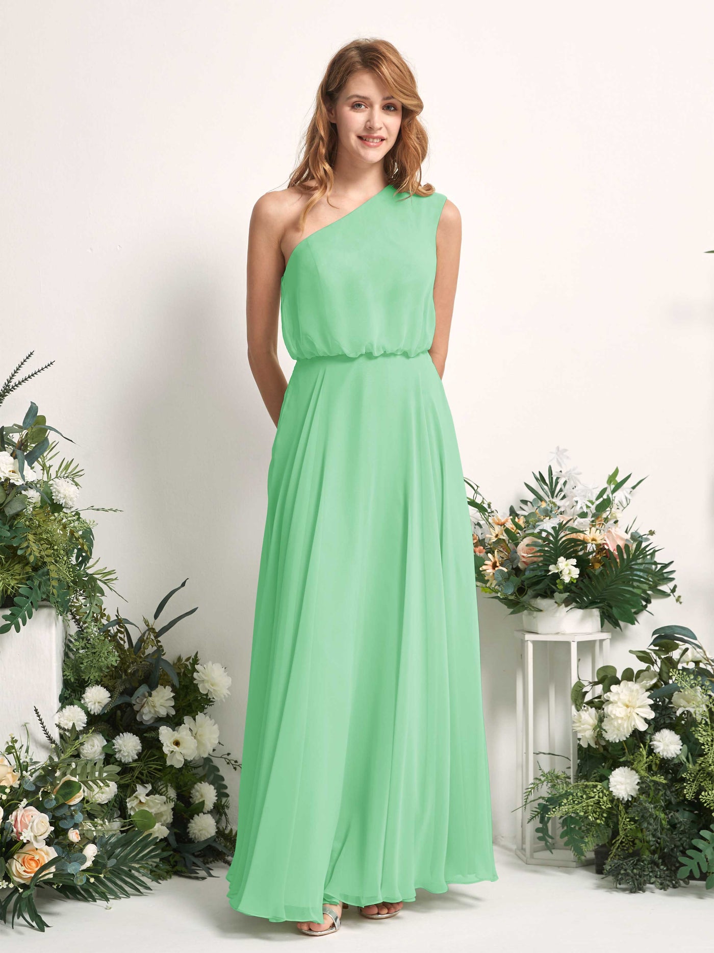 Bridesmaid Dress A-line Chiffon One Shoulder Full Length Sleeveless Wedding Party Dress - Mint Green (81226822)#color_mint-green