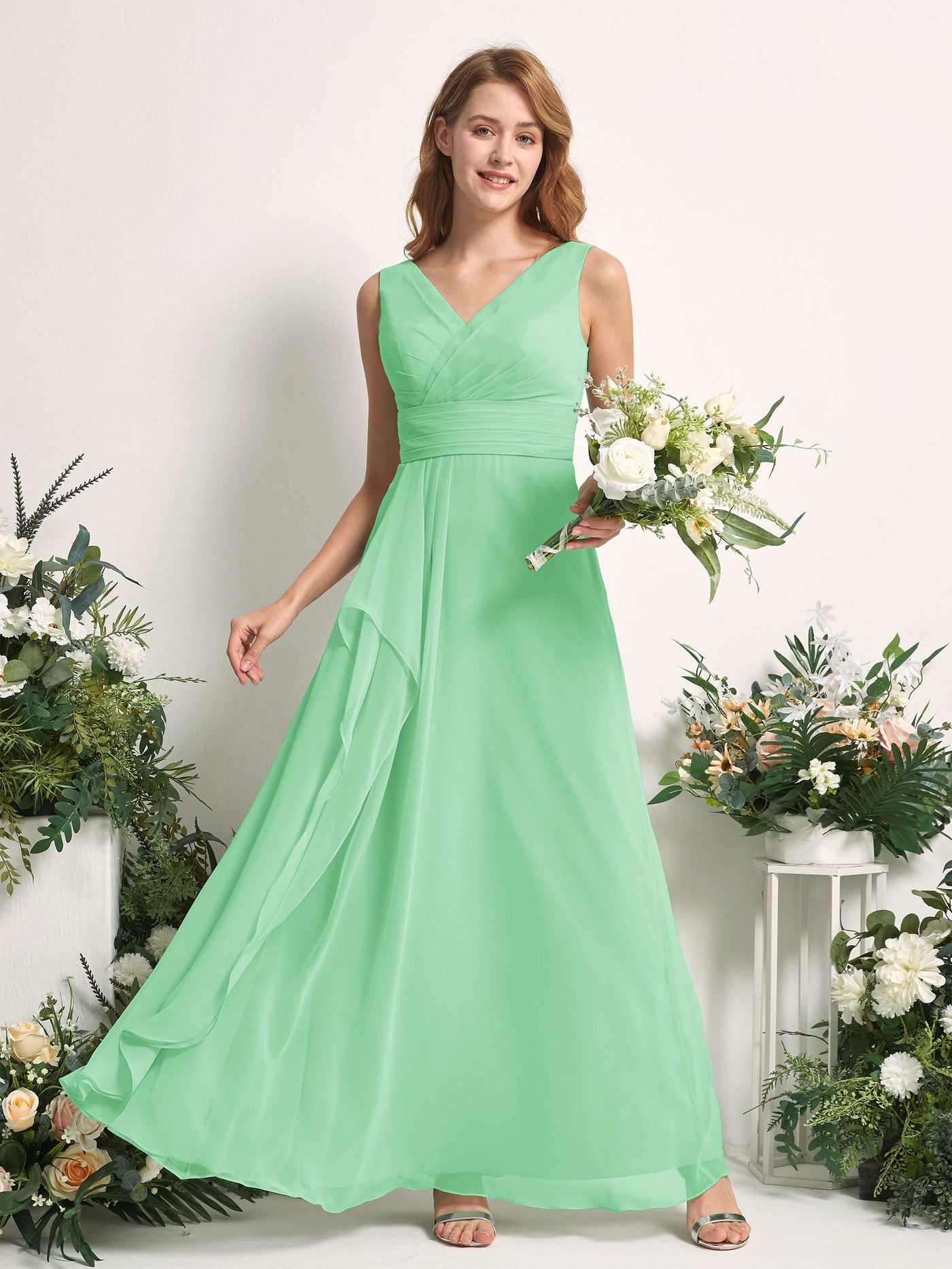 Bridesmaid Dress A-line Chiffon V-neck Full Length Sleeveless Wedding Party Dress - Mint Green (81227122)#color_mint-green