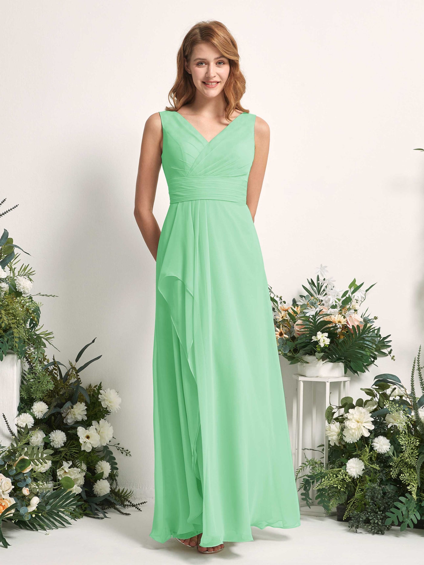 Bridesmaid Dress A-line Chiffon V-neck Full Length Sleeveless Wedding Party Dress - Mint Green (81227122)#color_mint-green