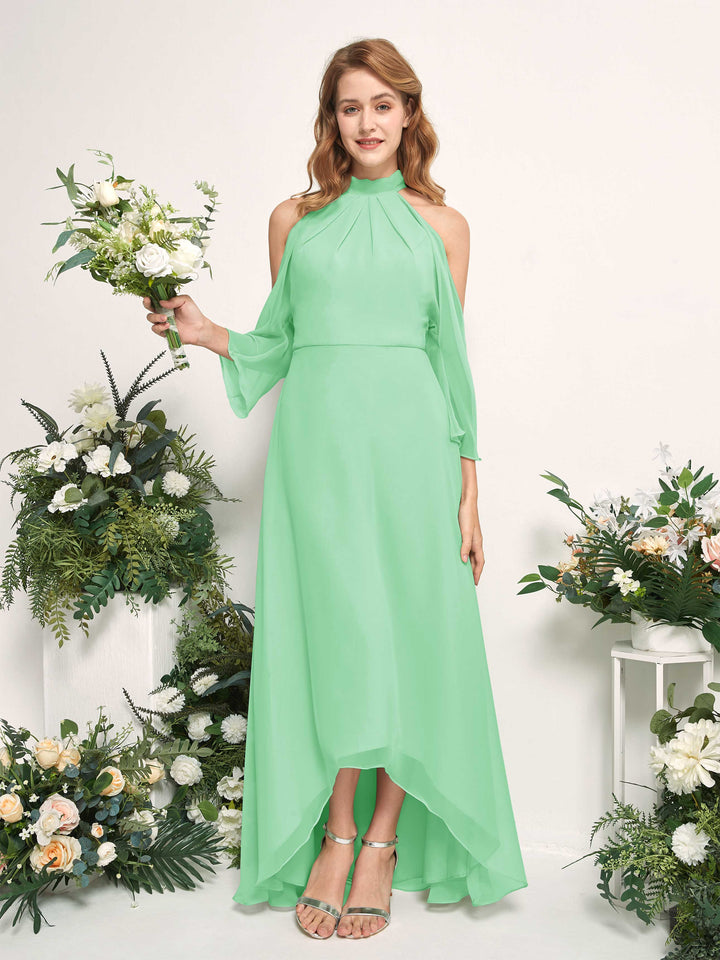 Bridesmaid Dress A-line Chiffon Halter High Low 3/4 Sleeves Wedding Party Dress - Mint Green (81227622)