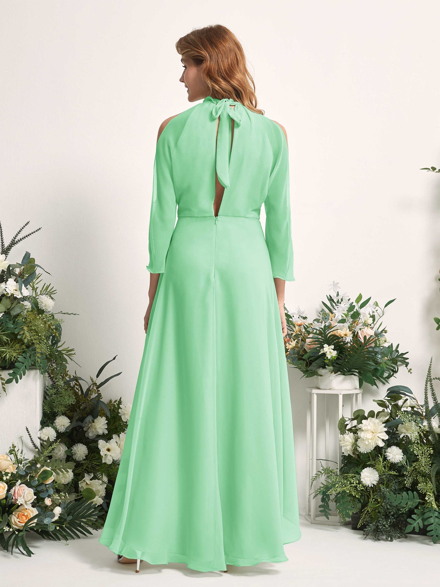 Bridesmaid Dress A-line Chiffon Halter High Low 3/4 Sleeves Wedding Party Dress - Mint Green (81227622)#color_mint-green