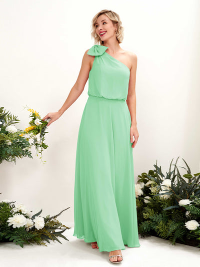 Mint Green Bridesmaid Dresses Bridesmaid Dress A-line Chiffon One Shoulder Full Length Sleeveless Wedding Party Dress (81225522)#color_mint-green