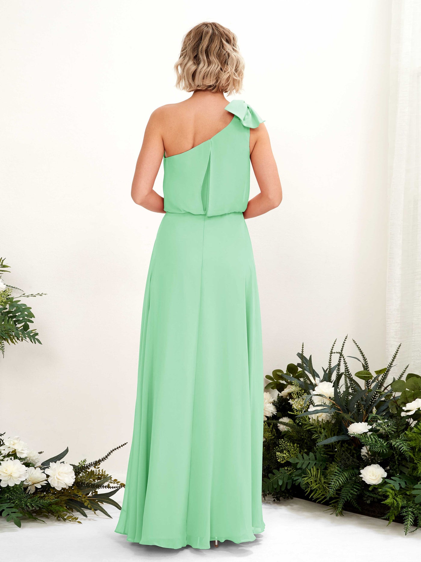 Mint Green Bridesmaid Dresses Bridesmaid Dress A-line Chiffon One Shoulder Full Length Sleeveless Wedding Party Dress (81225522)#color_mint-green