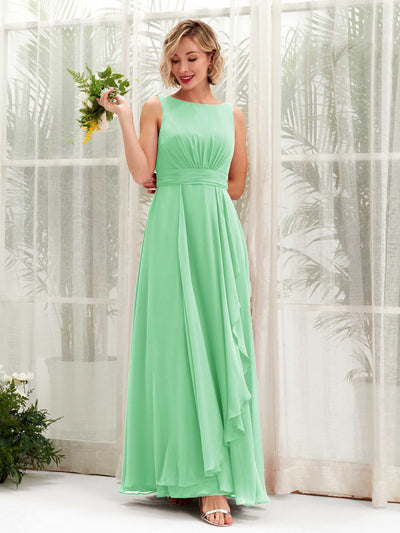 Mint Green Bridesmaid Dresses Bridesmaid Dress A-line Chiffon Bateau Full Length Sleeveless Wedding Party Dress (81225822)#color_mint-green