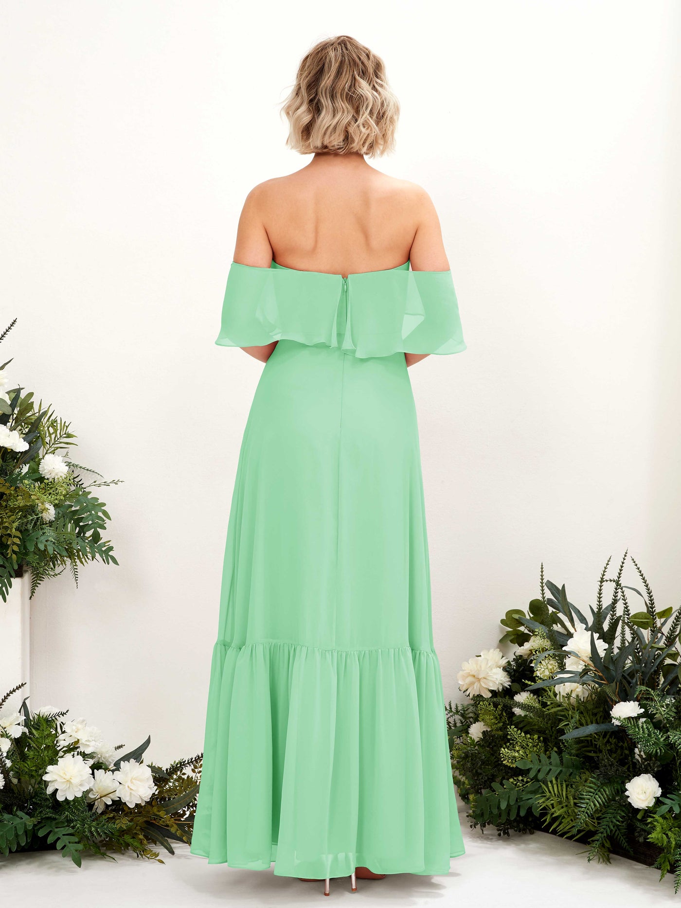 Mint Green Bridesmaid Dresses Bridesmaid Dress A-line Chiffon Off Shoulder Full Length Sleeveless Wedding Party Dress (81224522)#color_mint-green
