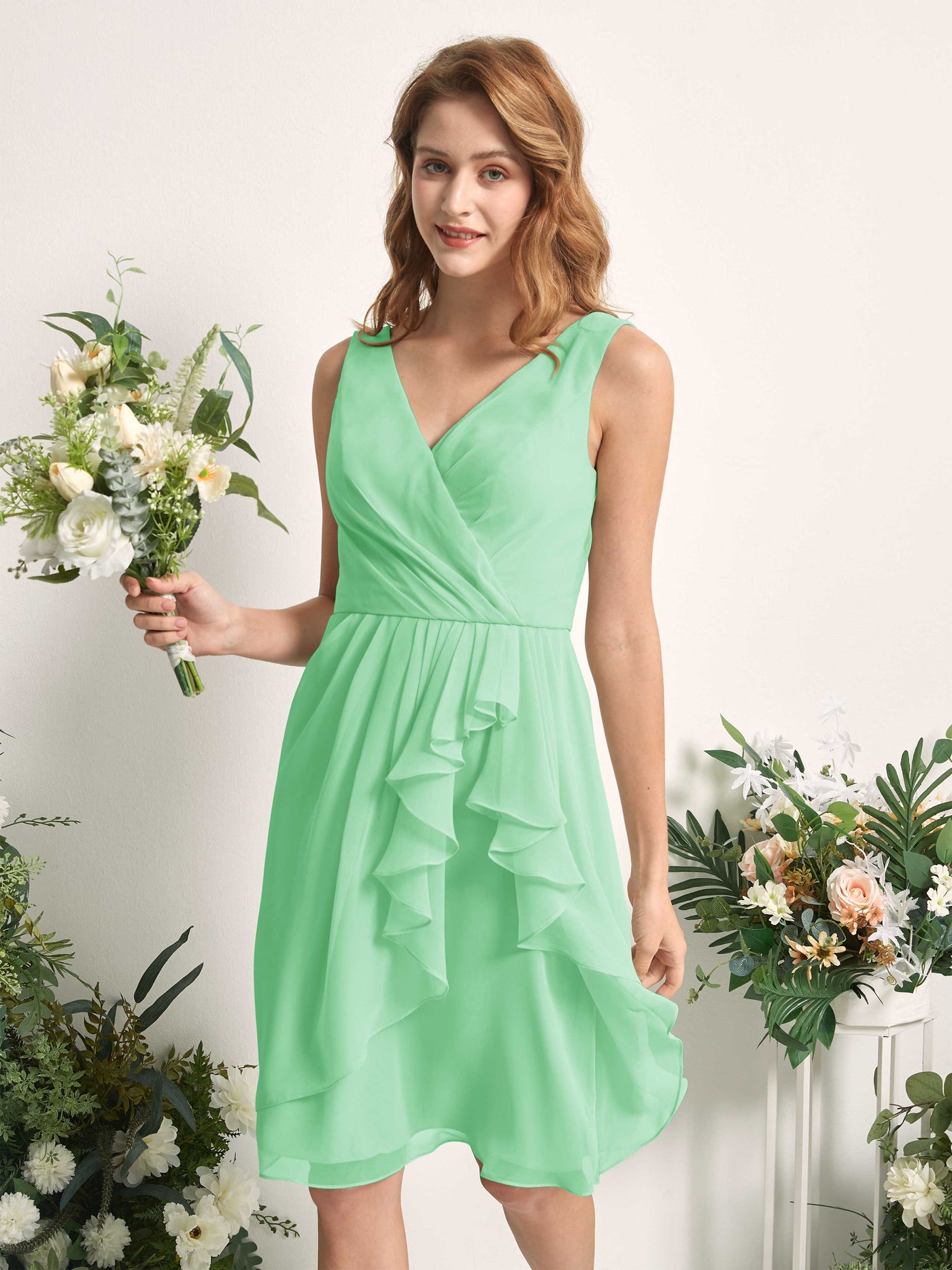 Bridesmaid Dress A-line Chiffon Straps Knee Length Sleeveless Wedding Party Dress - Mint Green (81226622)#color_mint-green