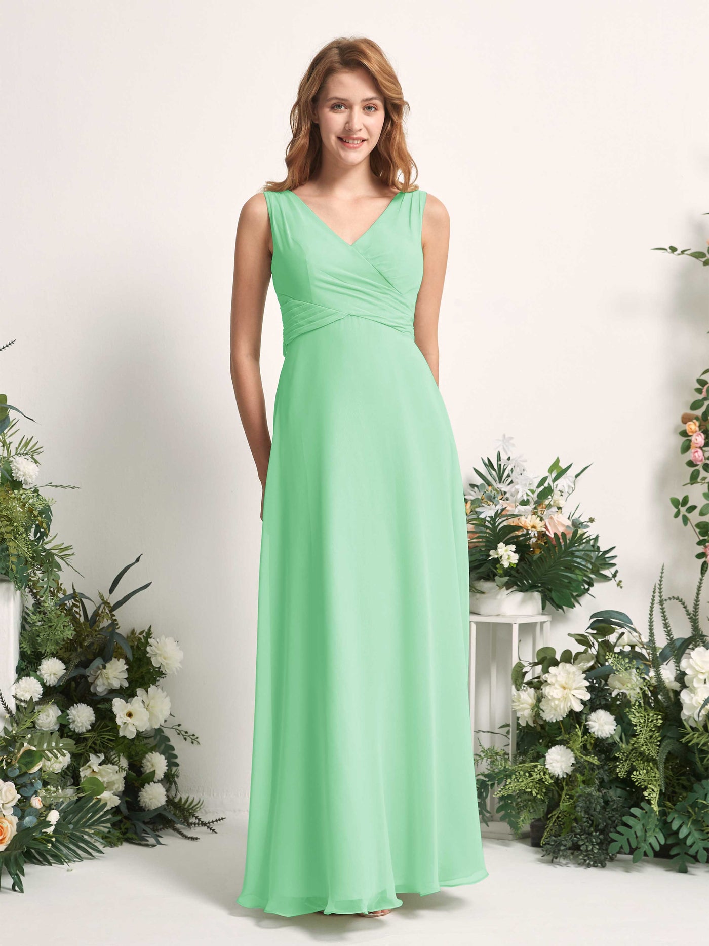 Bridesmaid Dress A-line Chiffon Straps Full Length Sleeveless Wedding Party Dress - Mint Green (81227322)#color_mint-green