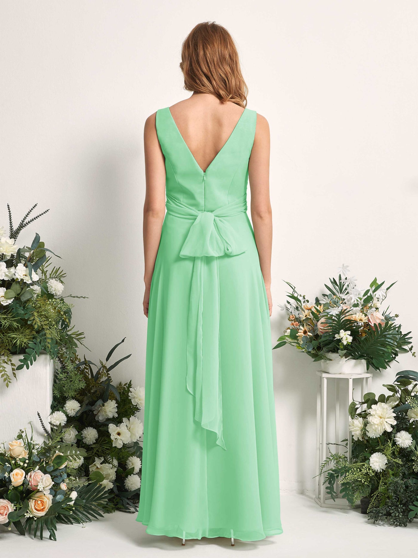 Bridesmaid Dress A-line Chiffon Straps Full Length Sleeveless Wedding Party Dress - Mint Green (81227322)#color_mint-green
