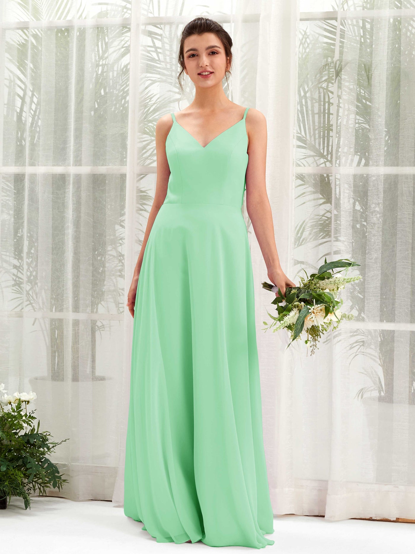 Mint Green Bridesmaid Dresses Bridesmaid Dress A-line Chiffon Spaghetti-straps Full Length Sleeveless Wedding Party Dress (81220622)#color_mint-green