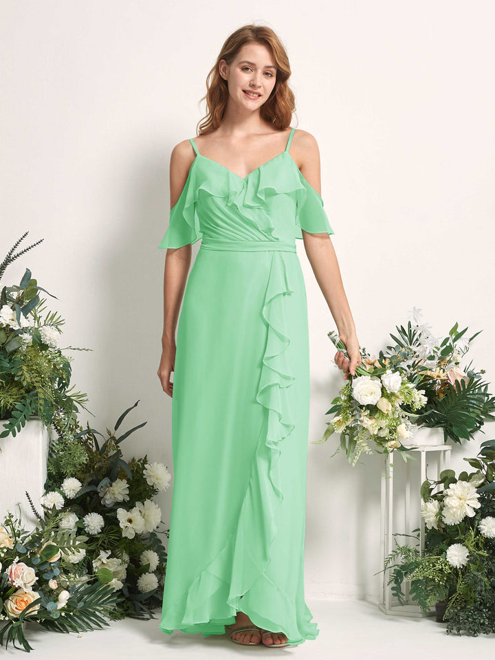 Bridesmaid Dress A-line Chiffon Spaghetti-straps Full Length Sleeveless Wedding Party Dress - Mint Green (81227422)