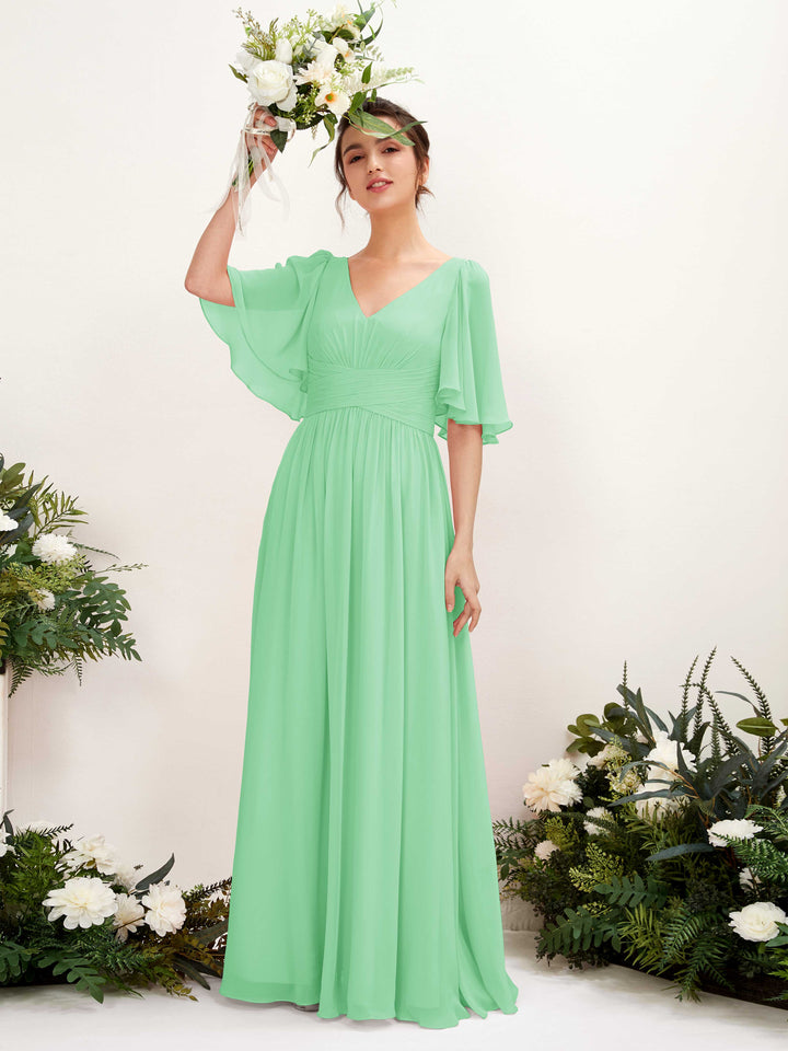 Mint Green Bridesmaid Dresses Bridesmaid Dress A-line Chiffon V-neck Full Length 1/2 Sleeves Wedding Party Dress (81221622)