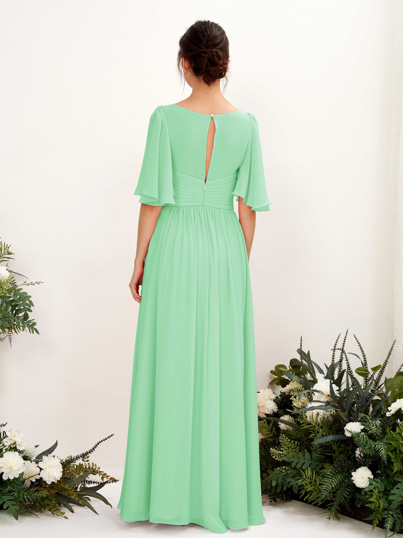 Mint Green Bridesmaid Dresses Bridesmaid Dress A-line Chiffon V-neck Full Length 1/2 Sleeves Wedding Party Dress (81221622)#color_mint-green