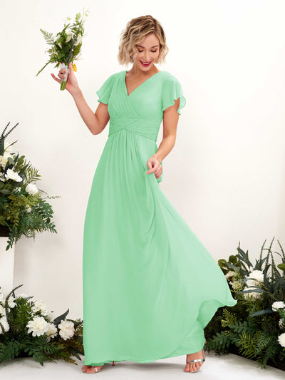 Mint Green Bridesmaid Dresses Bridesmaid Dress A-line Chiffon V-neck Full Length Short Sleeves Wedding Party Dress (81224322)#color_mint-green
