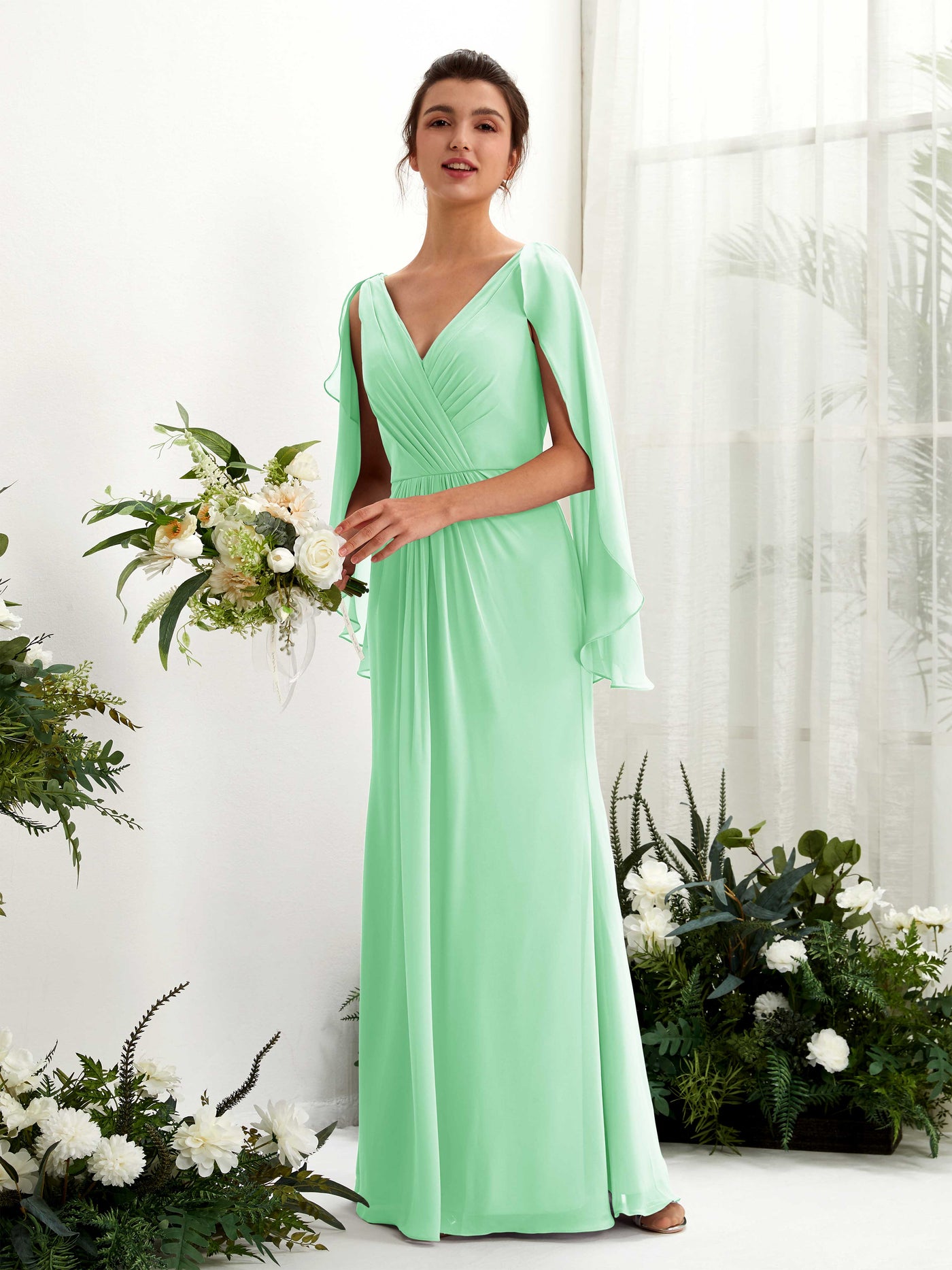 Mint Green Bridesmaid Dresses Bridesmaid Dress A-line Chiffon Straps Full Length Long Sleeves Wedding Party Dress (80220122)#color_mint-green