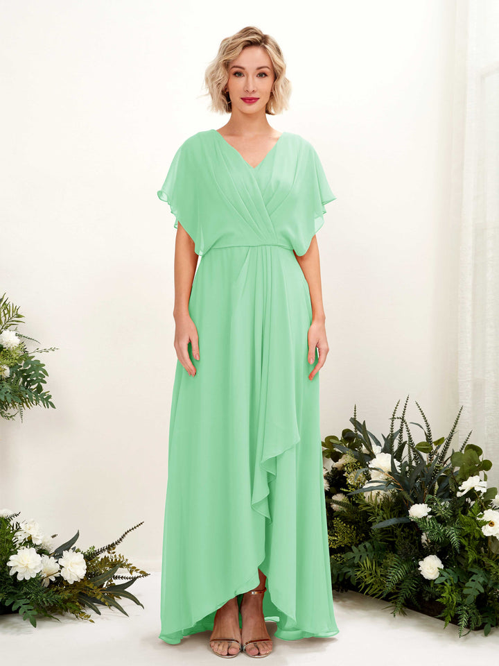 Mint Green Bridesmaid Dresses Bridesmaid Dress A-line Chiffon V-neck Full Length Short Sleeves Wedding Party Dress (81222122)