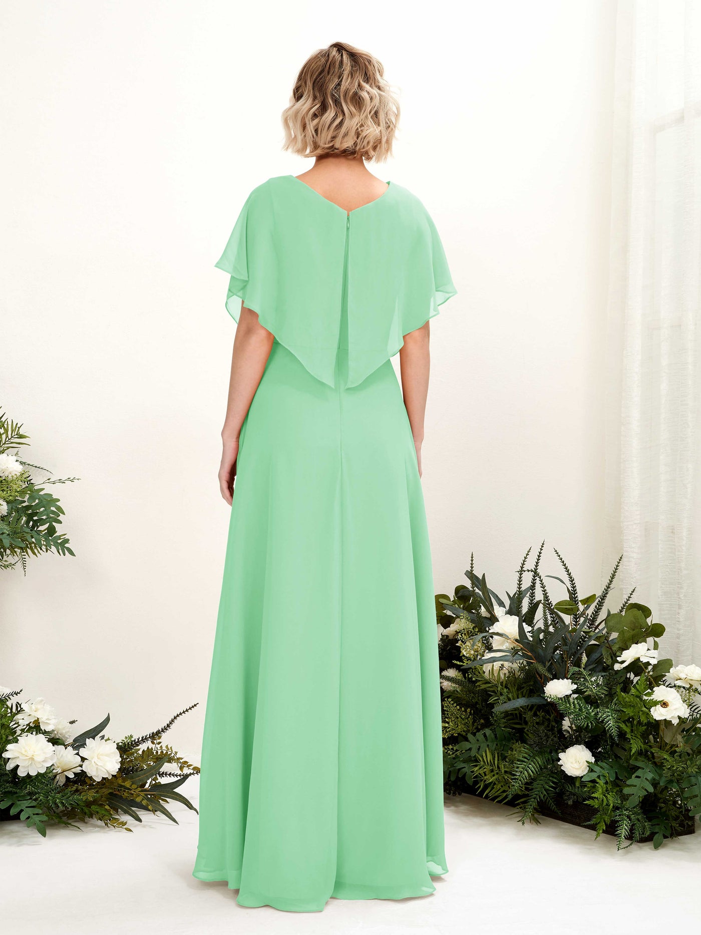 Mint Green Bridesmaid Dresses Bridesmaid Dress A-line Chiffon V-neck Full Length Short Sleeves Wedding Party Dress (81222122)#color_mint-green