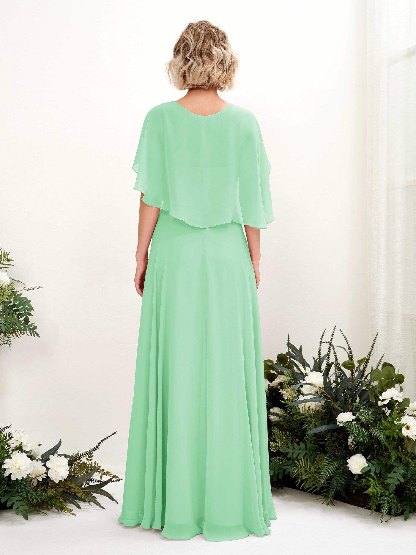 Mint Green Bridesmaid Dresses Bridesmaid Dress A-line Chiffon V-neck Full Length Short Sleeves Wedding Party Dress (81224422)#color_mint-green