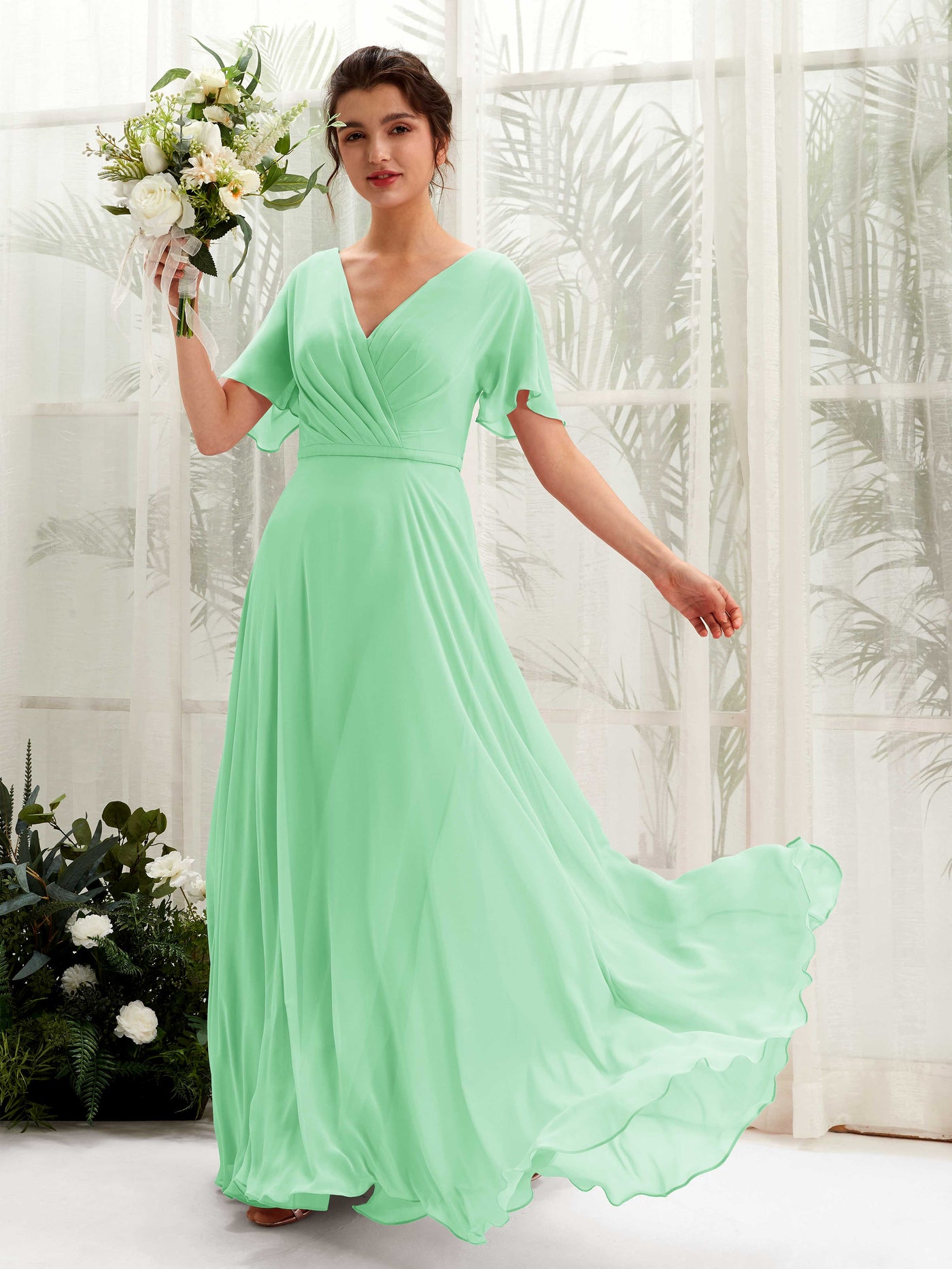 Mint Green Bridesmaid Dresses Bridesmaid Dress A-line Chiffon V-neck Full Length Short Sleeves Wedding Party Dress (81224622)#color_mint-green