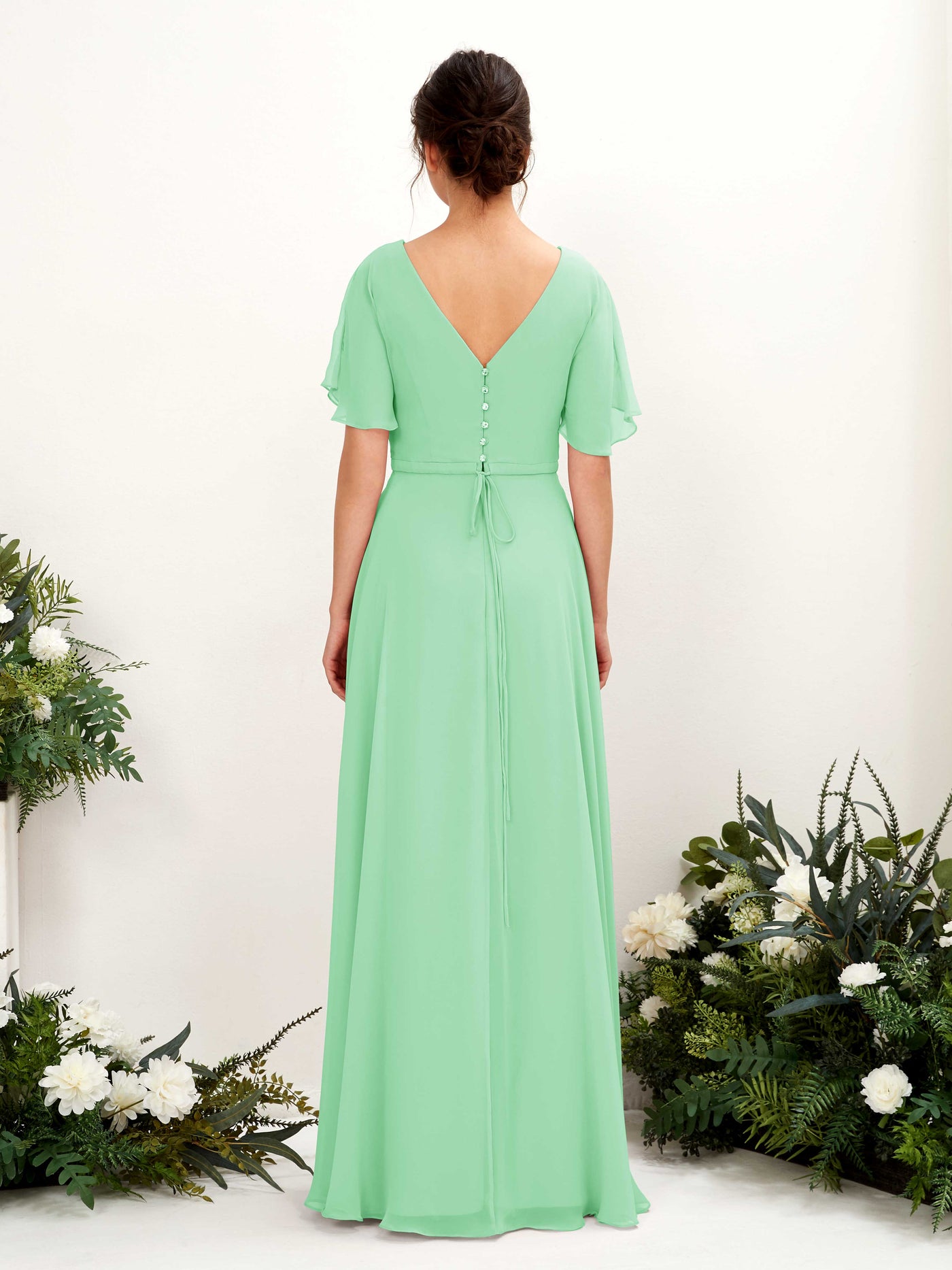 Mint Green Bridesmaid Dresses Bridesmaid Dress A-line Chiffon V-neck Full Length Short Sleeves Wedding Party Dress (81224622)#color_mint-green