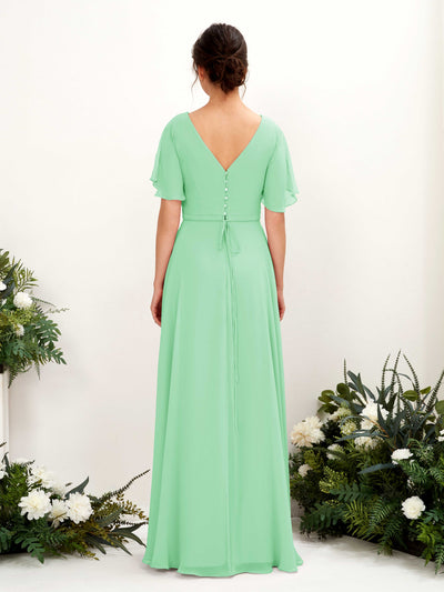 Carlyna Daphne A-Line Mint Green Bridesmaid Dress Maxi Short Sleeve V-Neck Dress Back View #color_mint-green