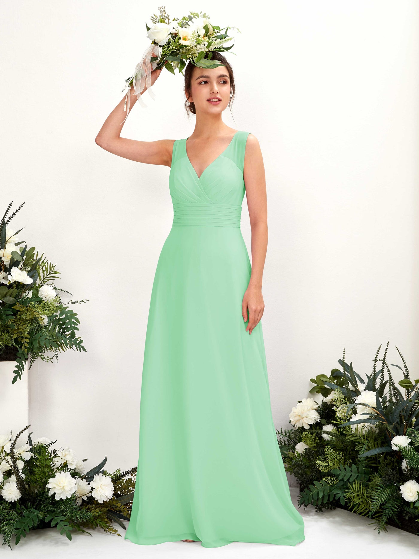 Mint Green Bridesmaid Dresses Bridesmaid Dress A-line Chiffon Straps Full Length Sleeveless Wedding Party Dress (81220922)#color_mint-green