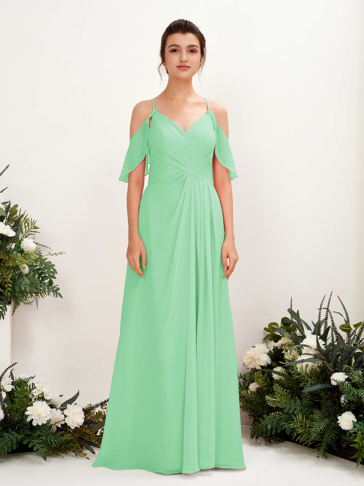 Ball Gown Off Shoulder Spaghetti-straps Chiffon Bridesmaid Dress - Mint Green (81221722)#color_mint-green