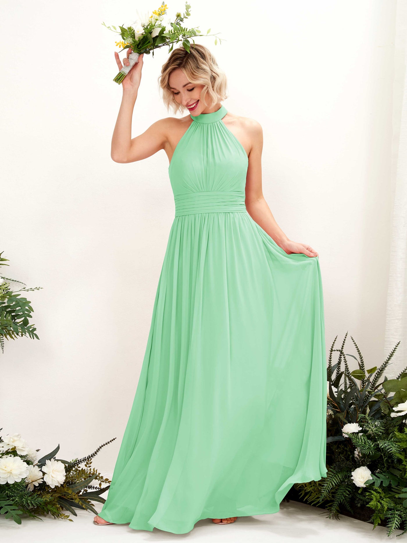 Mint Green Bridesmaid Dresses Bridesmaid Dress A-line Chiffon Halter Full Length Sleeveless Wedding Party Dress (81225322)#color_mint-green