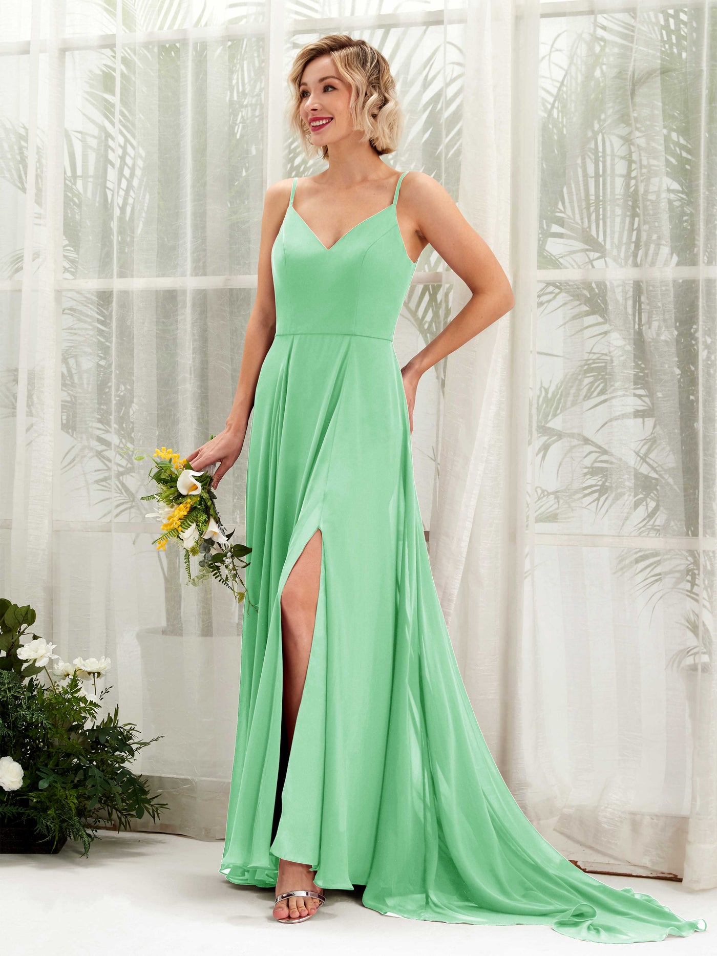 Mint Green Bridesmaid Dresses Bridesmaid Dress A-line Chiffon V-neck Full Length Sleeveless Wedding Party Dress (81224122)#color_mint-green