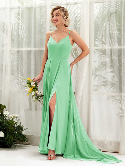 Carlyna Mana A-Line Mint Green Bridesmaid Dress Maxi Sleeveless V-Neck Dress Front View #color_mint-green