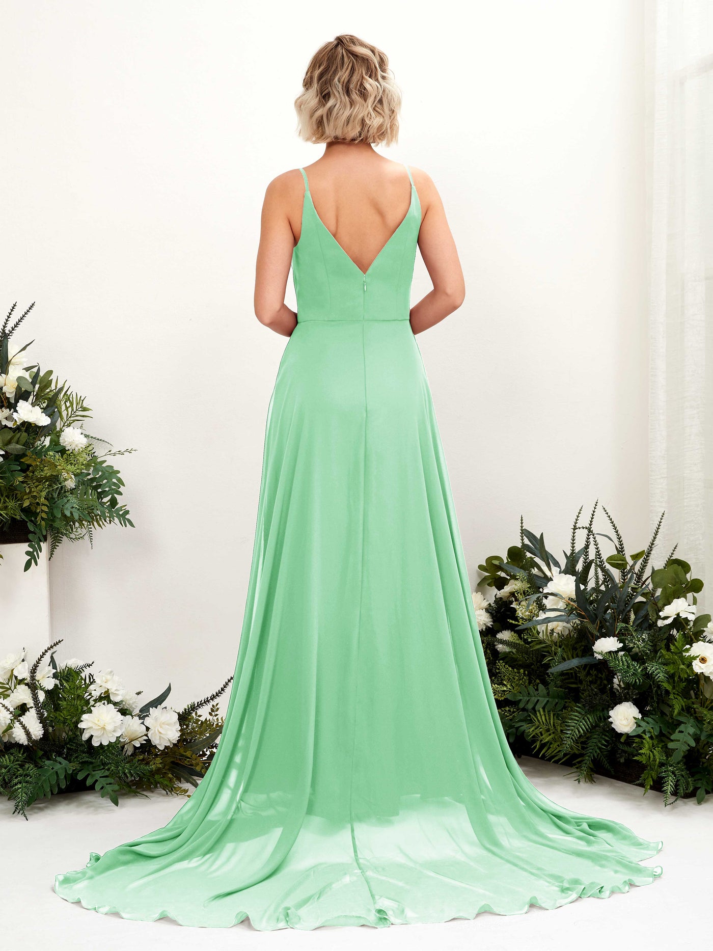 Mint Green Bridesmaid Dresses Bridesmaid Dress A-line Chiffon V-neck Full Length Sleeveless Wedding Party Dress (81224122)#color_mint-green