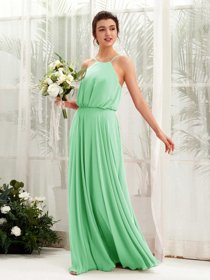 Mint Green Bridesmaid Dresses Bridesmaid Dress Ball Gown Chiffon Halter Full Length Sleeveless Wedding Party Dress (81223422)