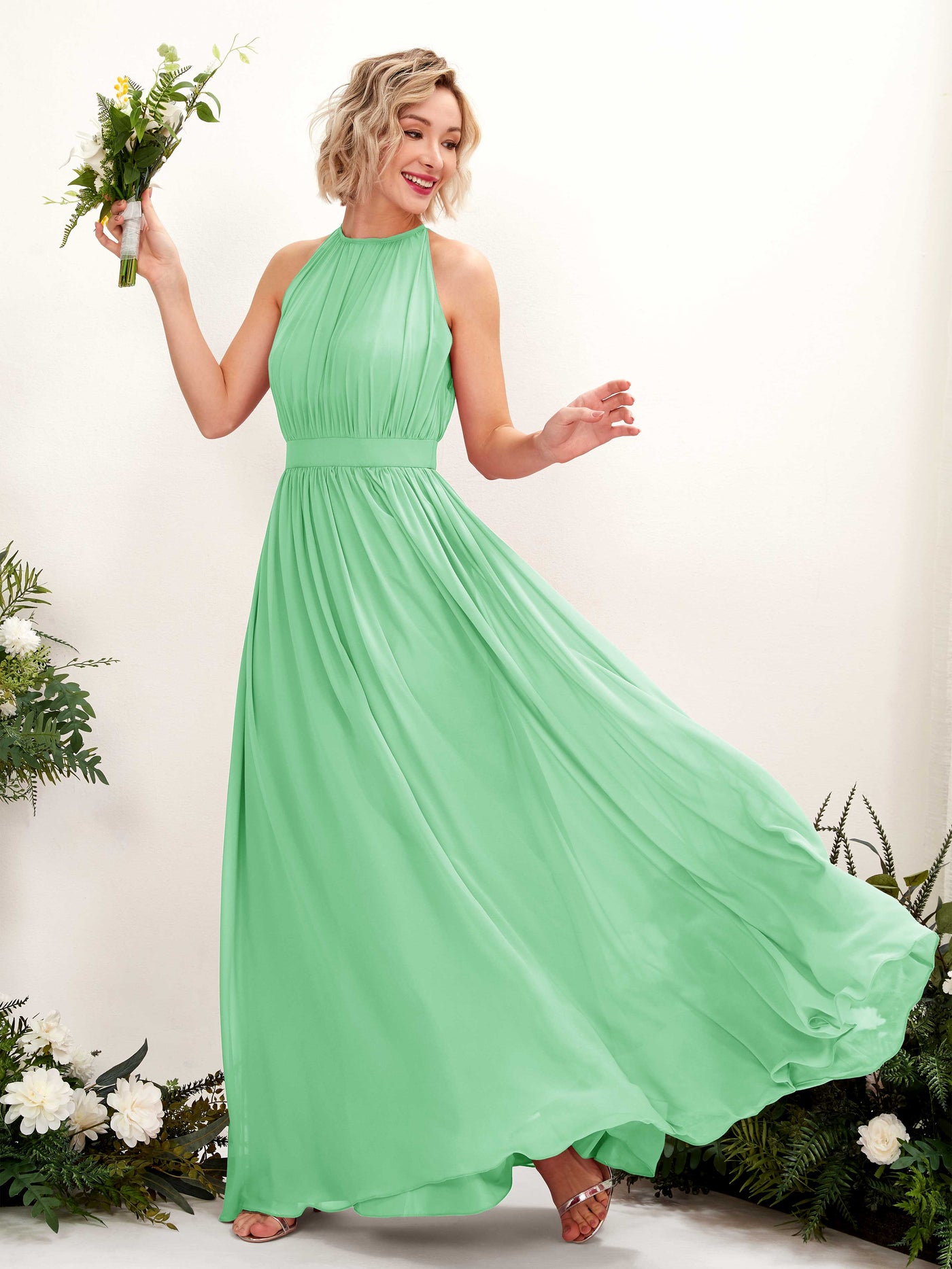 Mint Green Bridesmaid Dresses Bridesmaid Dress A-line Chiffon Halter Full Length Sleeveless Wedding Party Dress (81223122)#color_mint-green